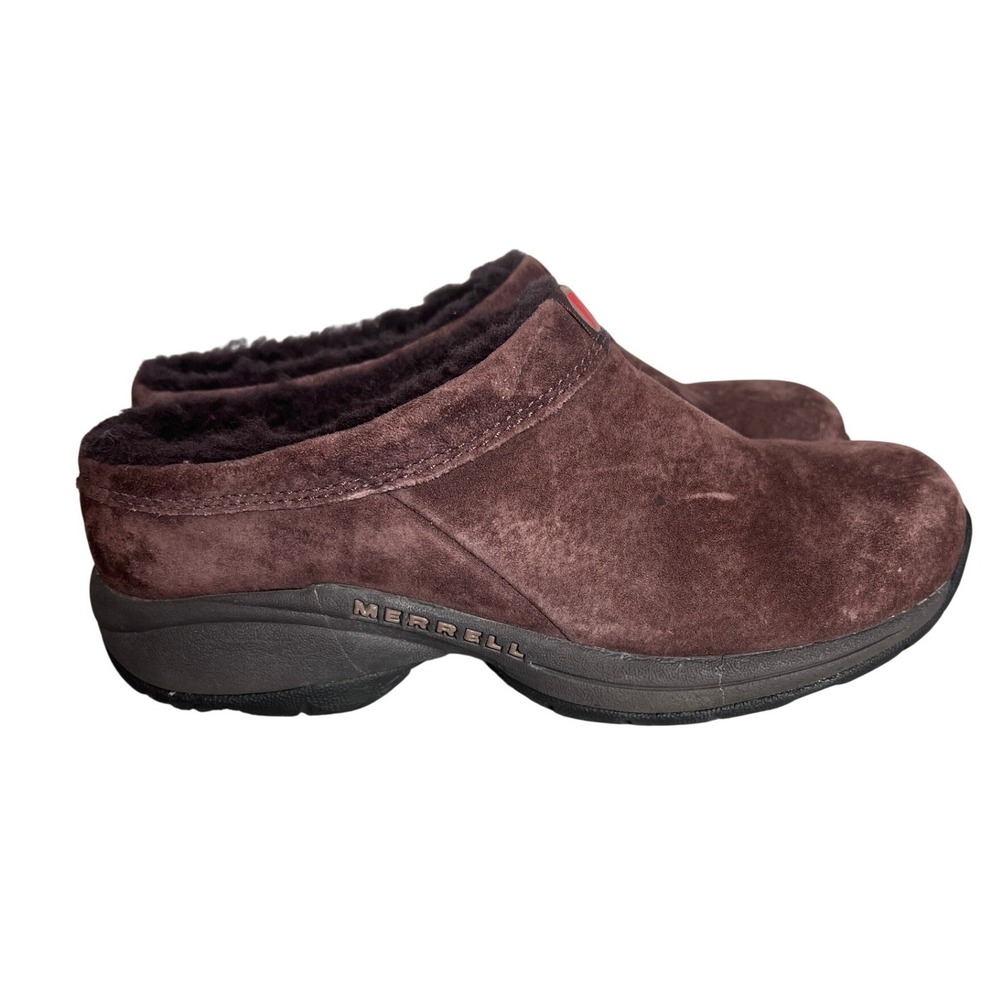 Merrell Primo Chill Slide Women 7.5 Brown Suede Faux Fur Mules Clogs Granola
